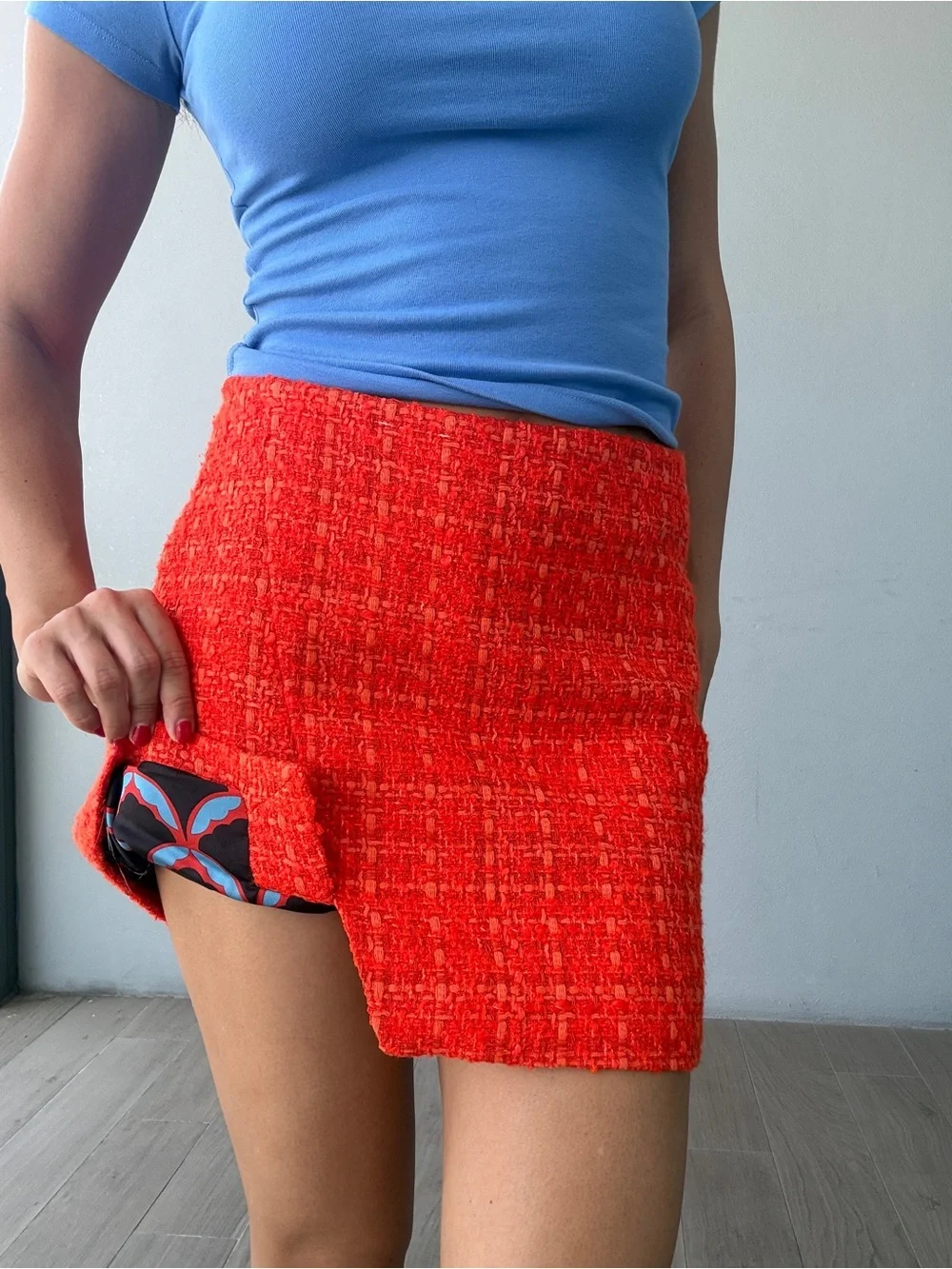 Red Bouclé Mini Skirt with Front Notch